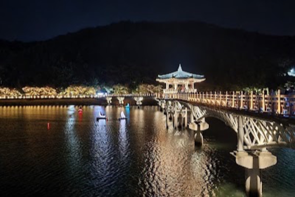 Wolyeonggyo Bridge illuminated wooden pedestrian bridge reflecting on the Nakdong River at night in Andong