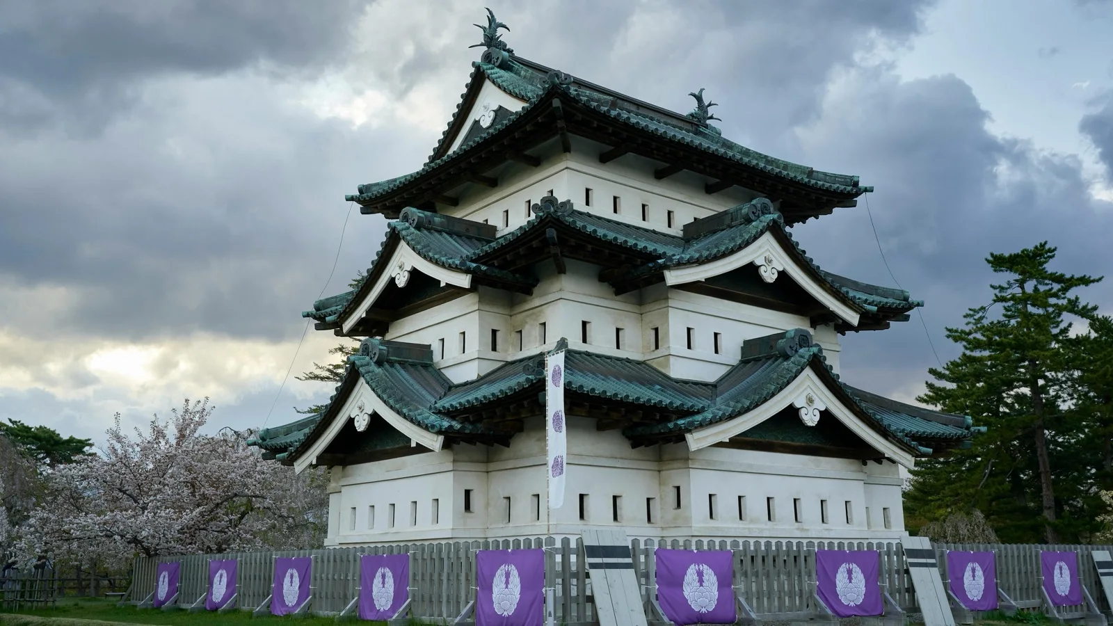 Hirosaki Castle keep reflected in petal-covered moats in spring