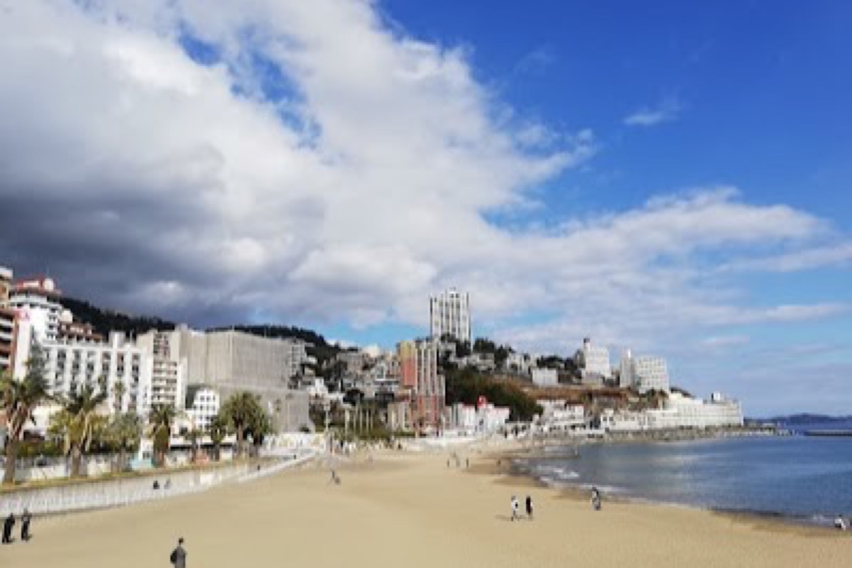 Atami Sun Beach with palm trees and calm bay waters along the Sagami Bay coast
