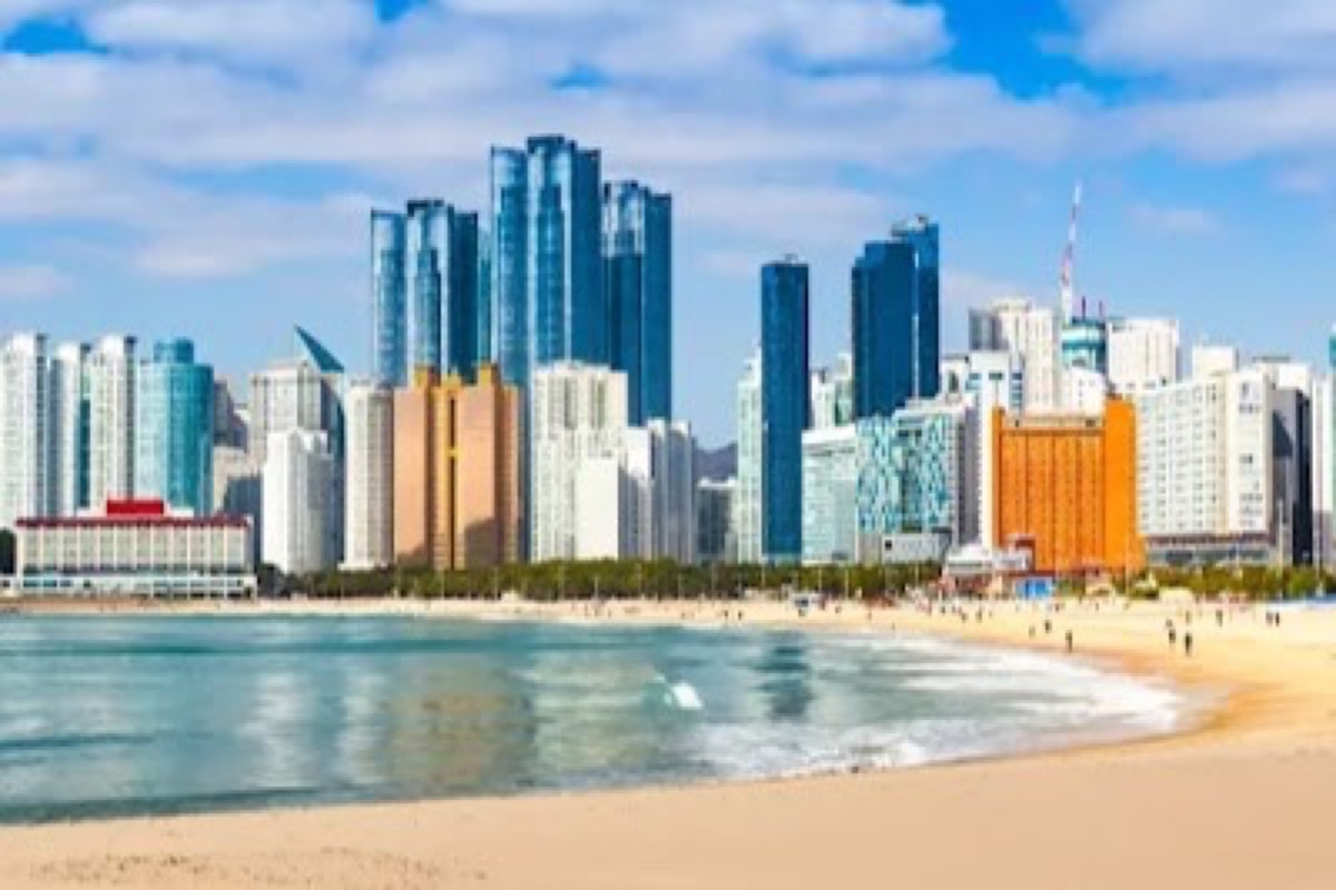 Haeundae Beach white sand shoreline with hotel skyline along the Busan coast