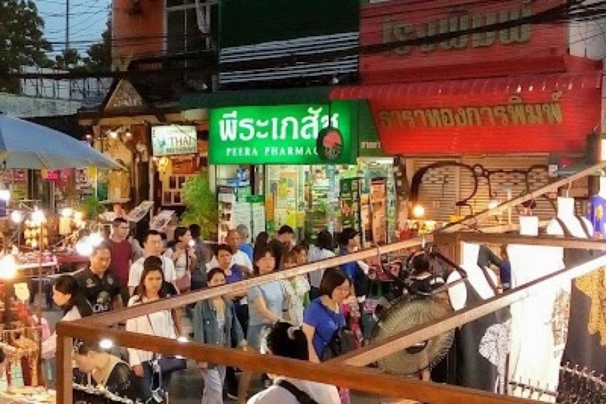 Lantern-lit Sunday Walking Street on Ratchadamnoen Road packed with craft and food stalls