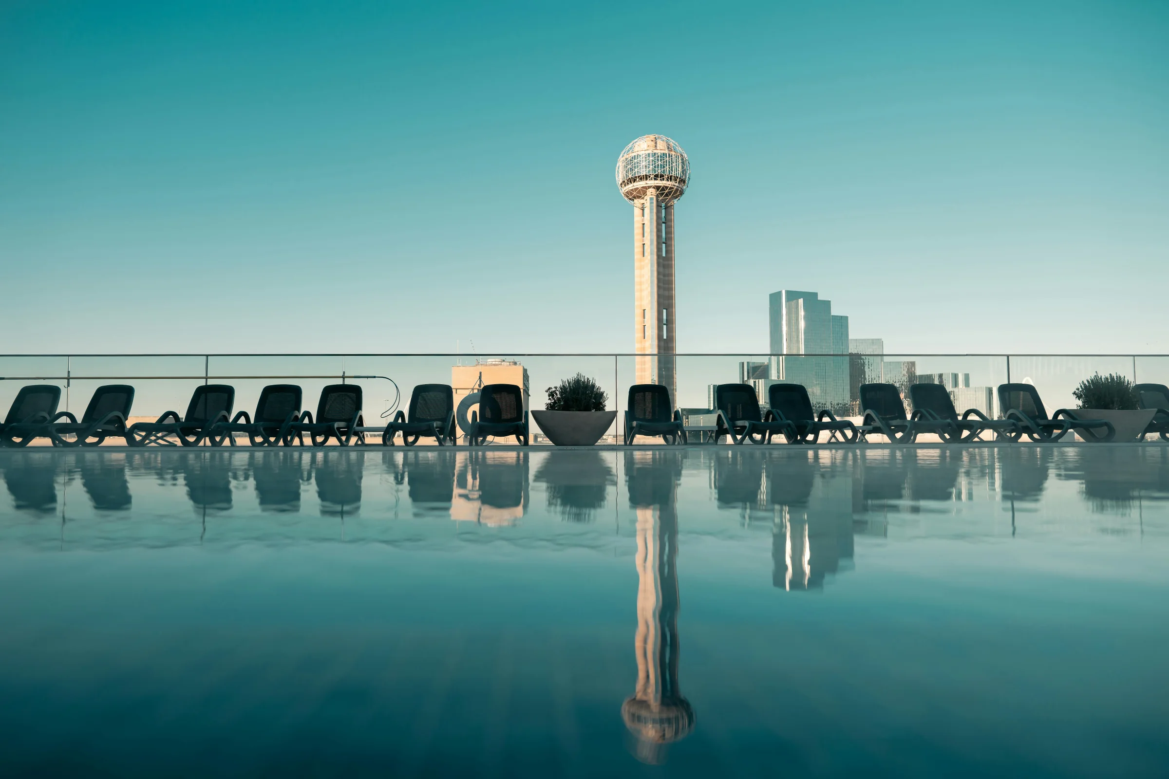 Dallas skyline at sunset with Reunion Tower in view