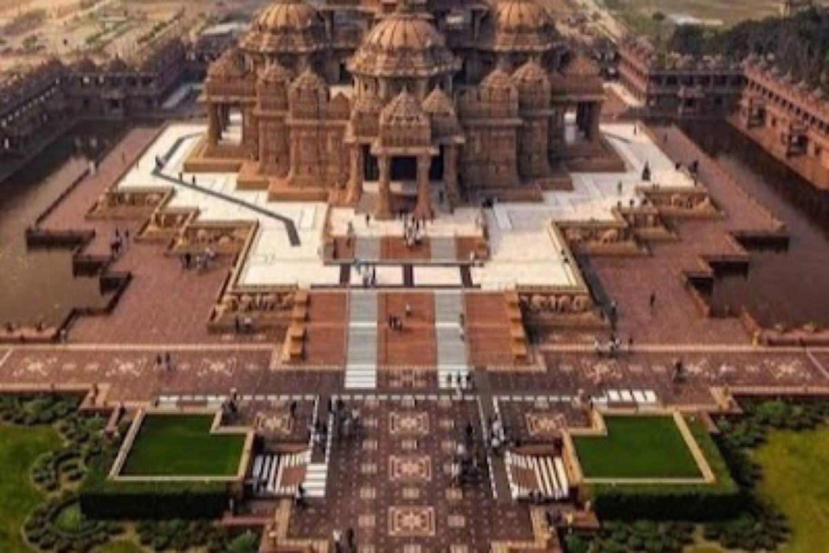 Akshardham temple's carved stone facades illuminated in the evening in Delhi