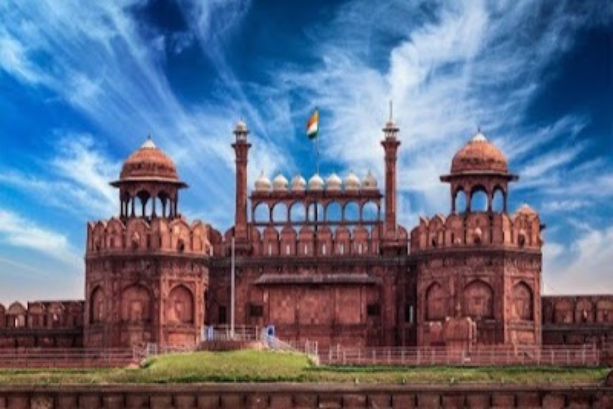 The red sandstone walls and Lahori Gate of the Red Fort in Old Delhi