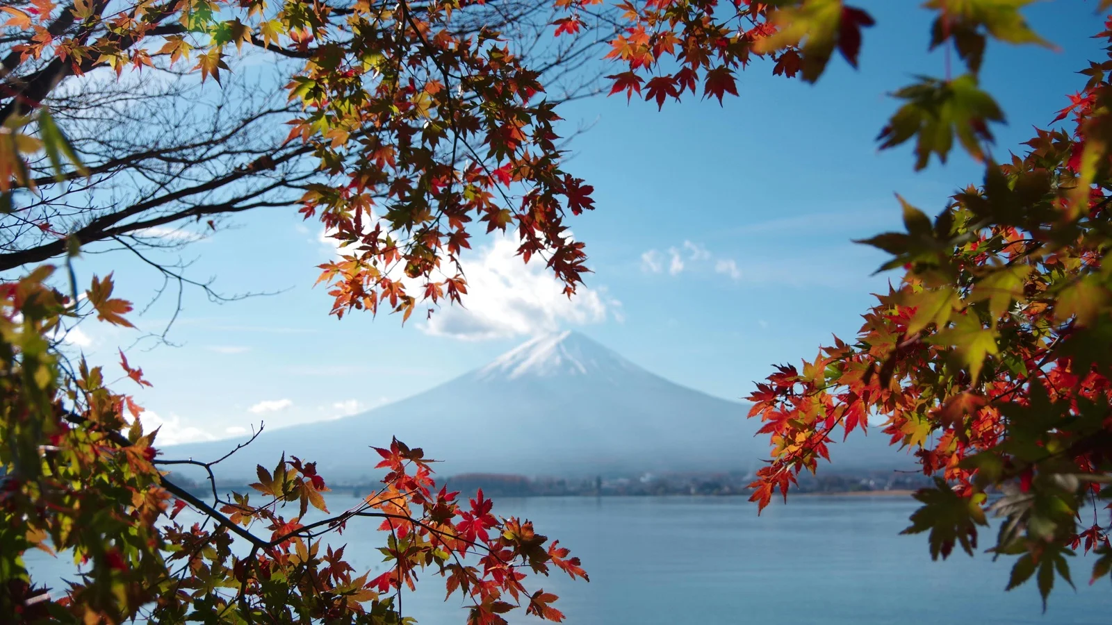 Lake Kawaguchi reflecting Mount Fuji at sunset from the northern shore