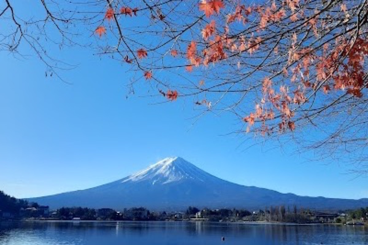Lake Kawaguchiko reflecting Mount Fuji across calm water at dusk
