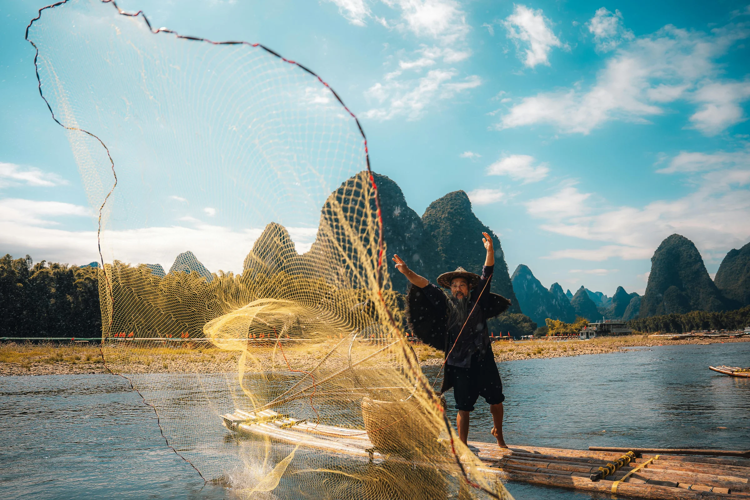 Sunrise view of Guilin skyline with Li River and karst mountains in Guangxi, China