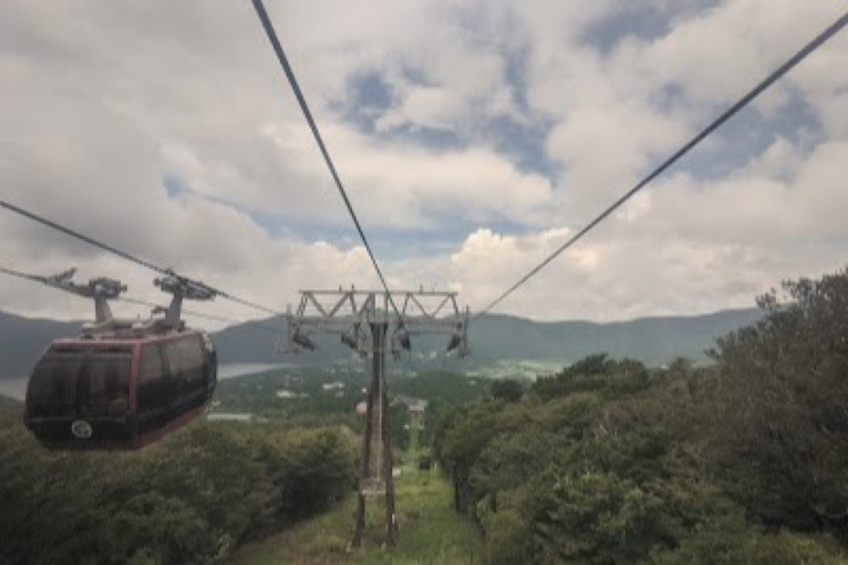 Hakone Ropeway gondola with Mount Fuji and volcanic Owakudani valley below