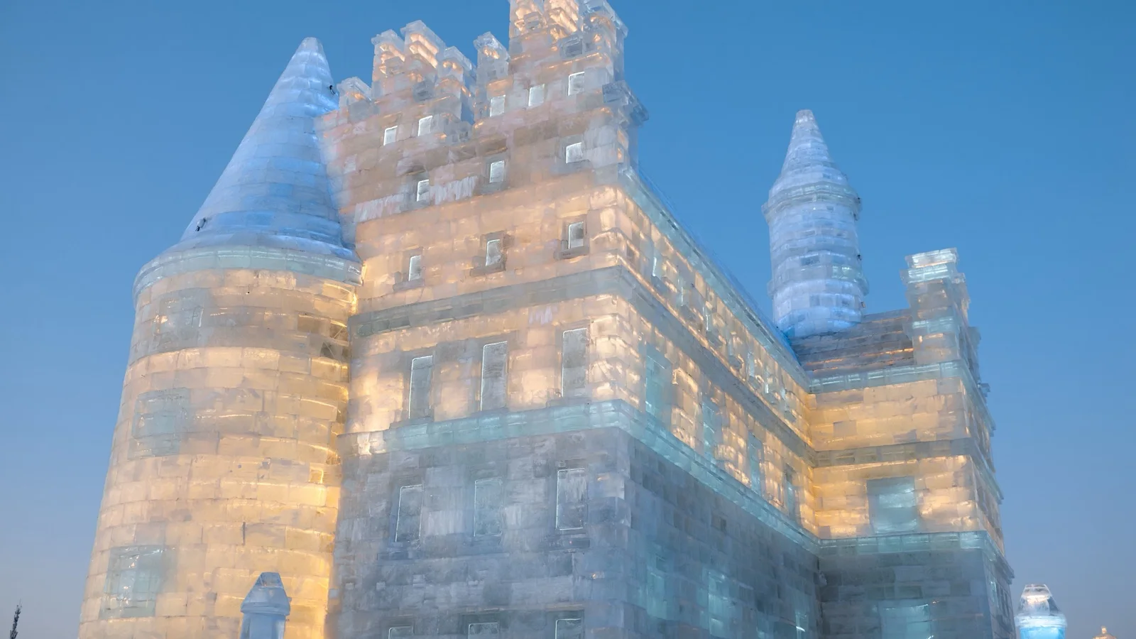Illuminated ice castles at Harbin Ice and Snow World glowing at night under a winter sky