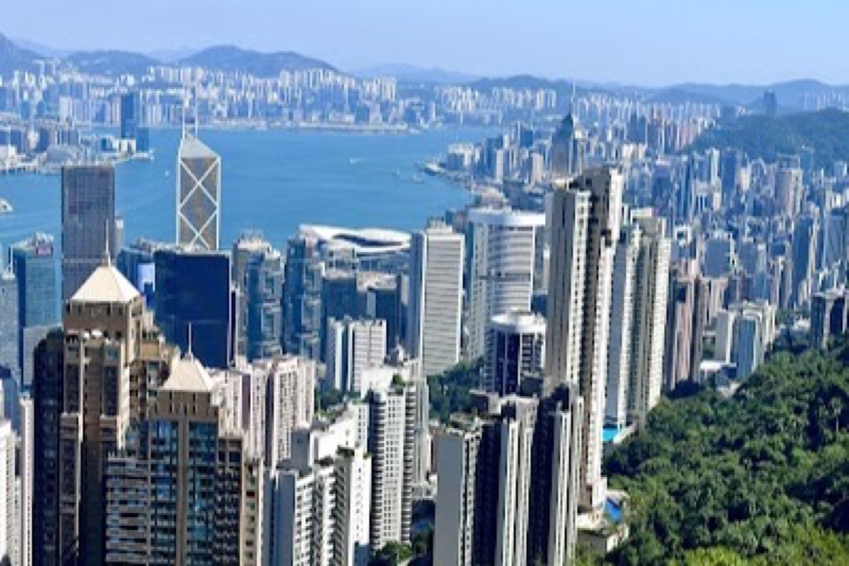 Skyline panorama of Hong Kong from Victoria Peak with Victoria Harbour in the background