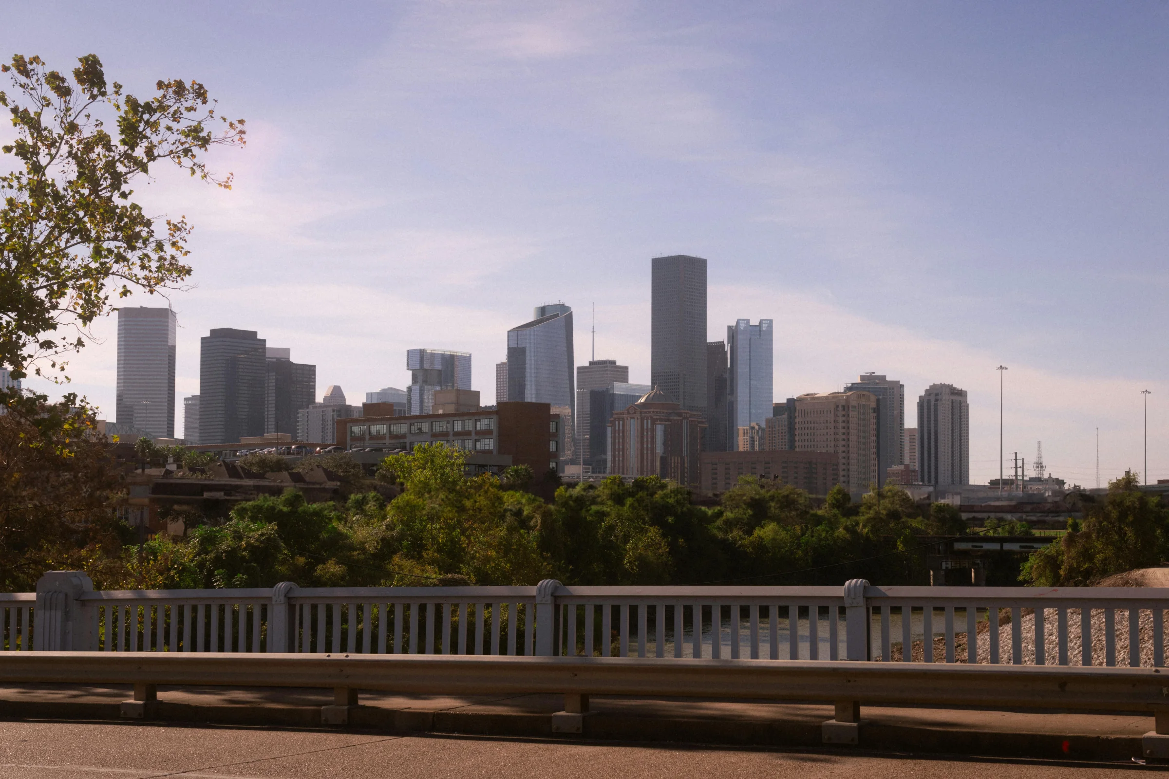 Downtown Houston skyline at sunset with modern skyscrapers