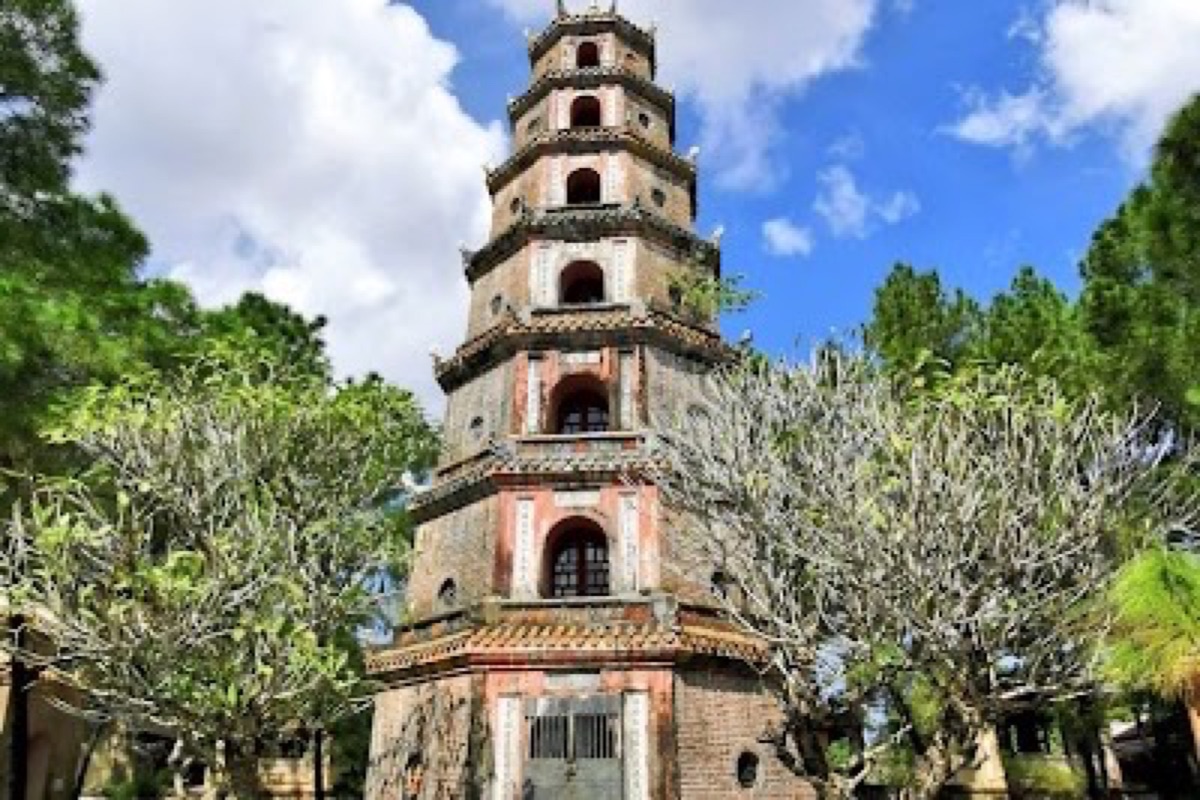 Seven-story tower of Thien Mu Pagoda above the Perfume River in Hue