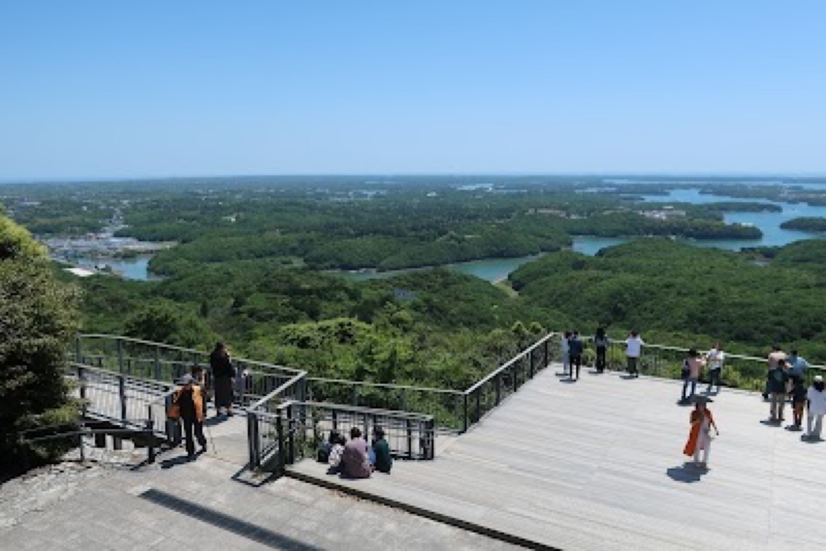 Yokoyama Observation Deck panoramic view over Ago Bay ria coastline and pearl rafts