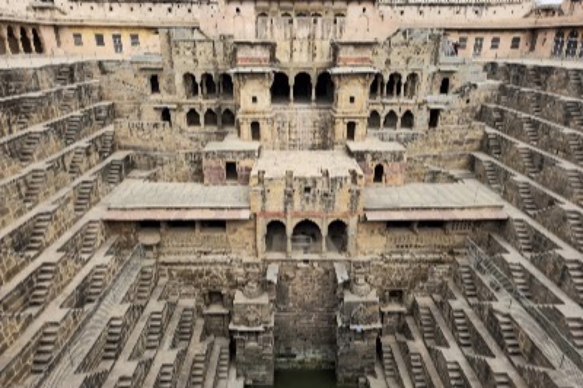 The symmetrical stepped stone tiers of Chand Baori stepwell in Abhaneri