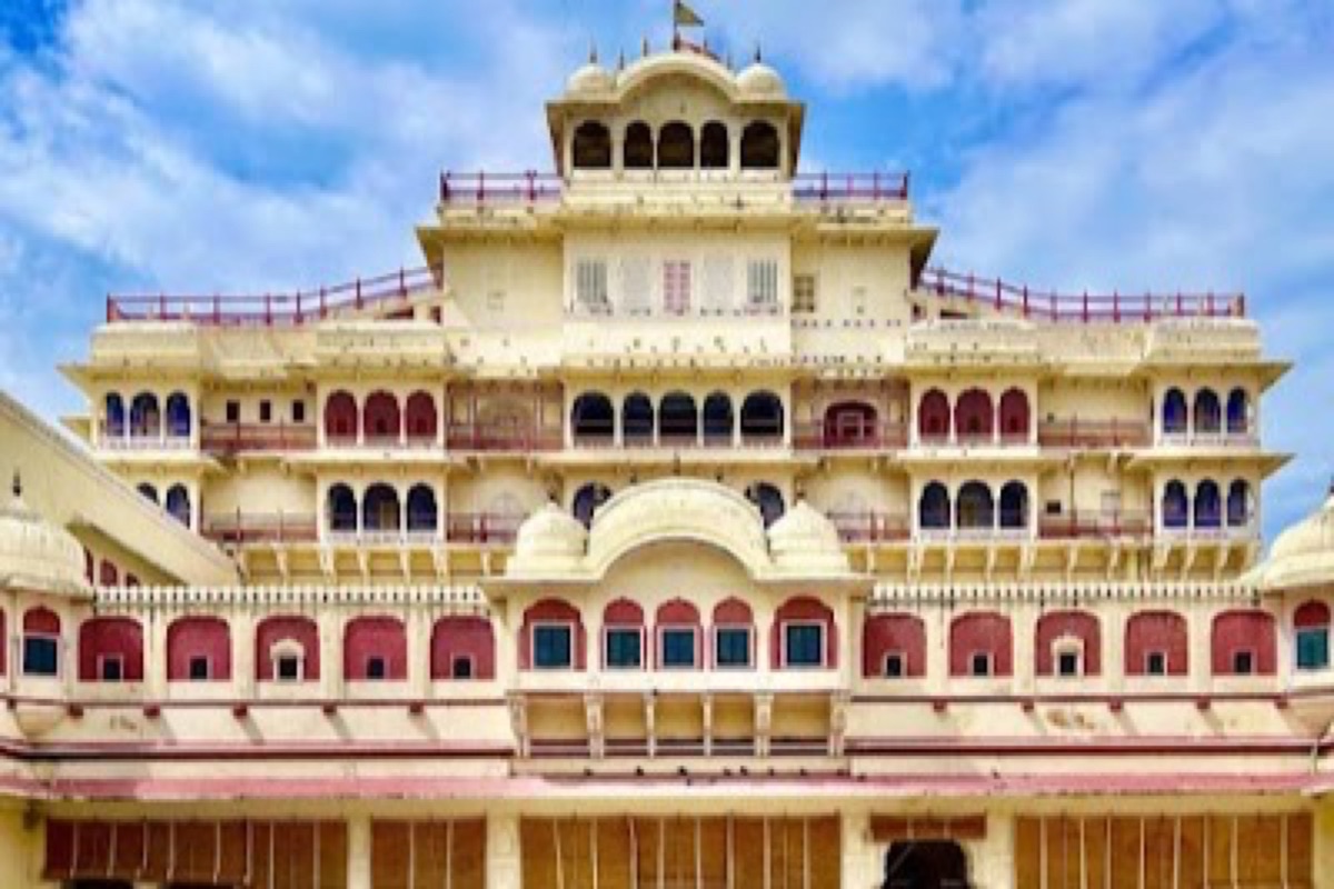 Ornate courtyard and gate of the City Palace in Jaipur's Pink City