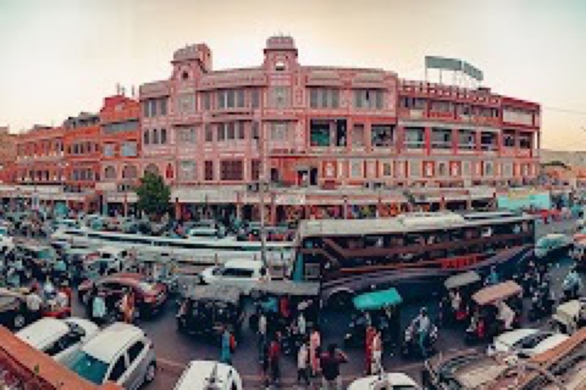 Lantern-lit Johari Bazaar street with jewelry shops and textiles in Jaipur's Pink City
