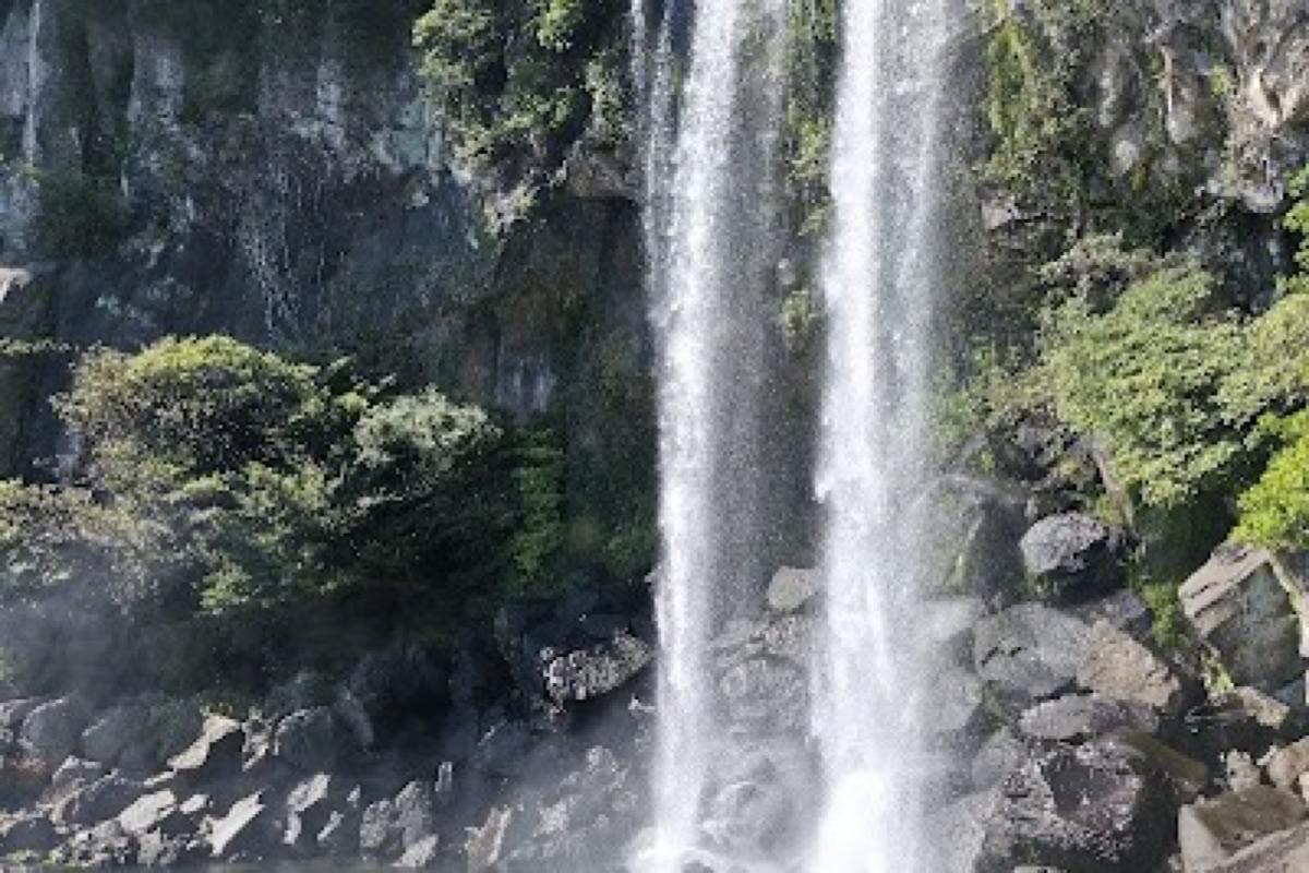 Jeongbang Waterfall plunging into the ocean on Jeju's south coast