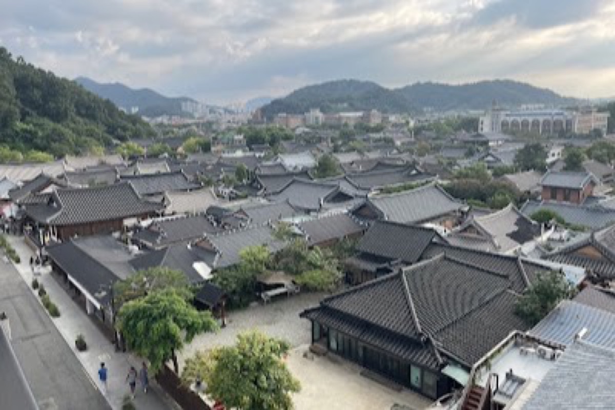 Jeonju Hanok Village curved tile rooftops and traditional Korean houses along winding lanes