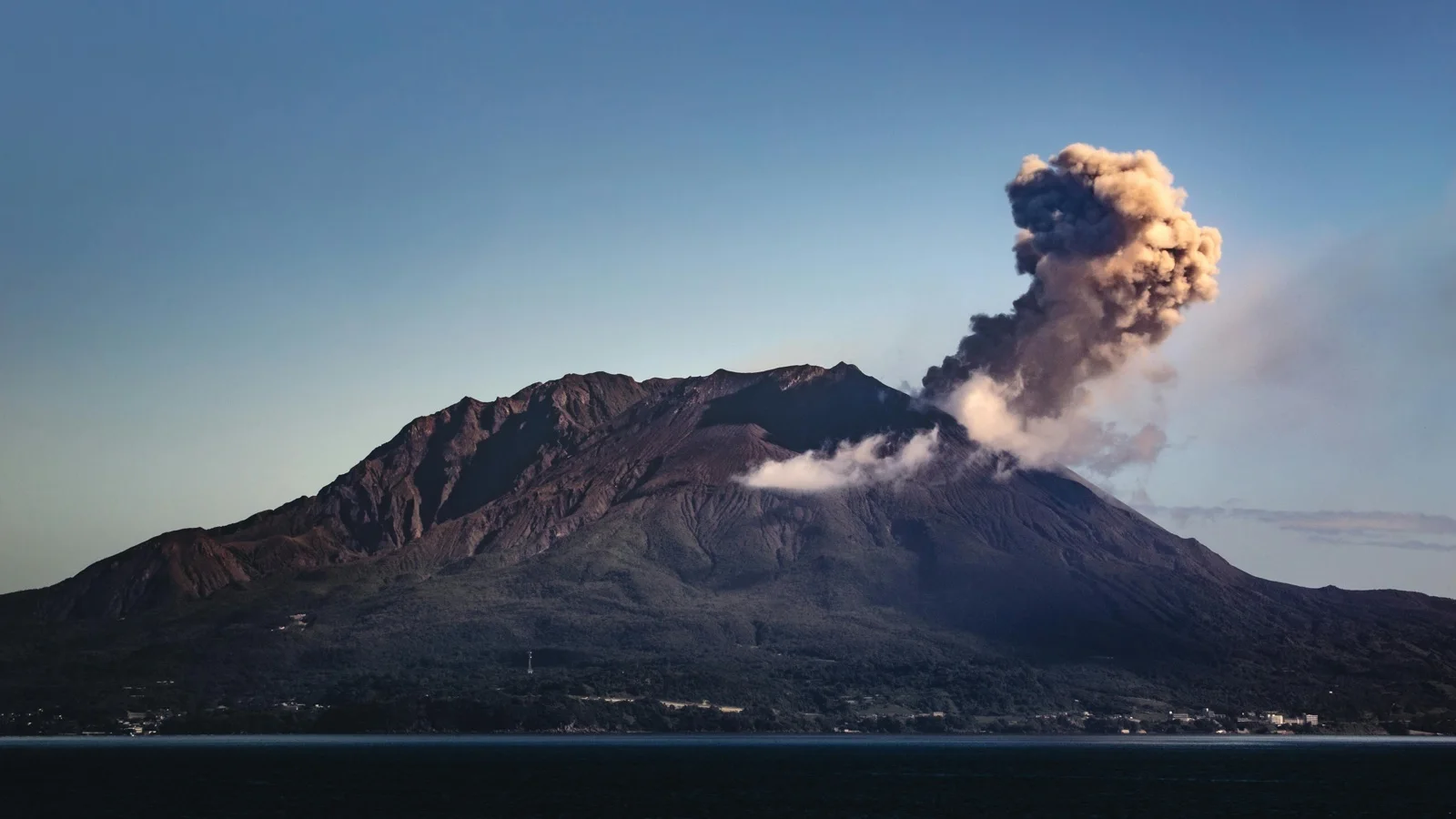 Sakurajima volcano smoking across Kinko Bay with cherry blossoms in the foreground
