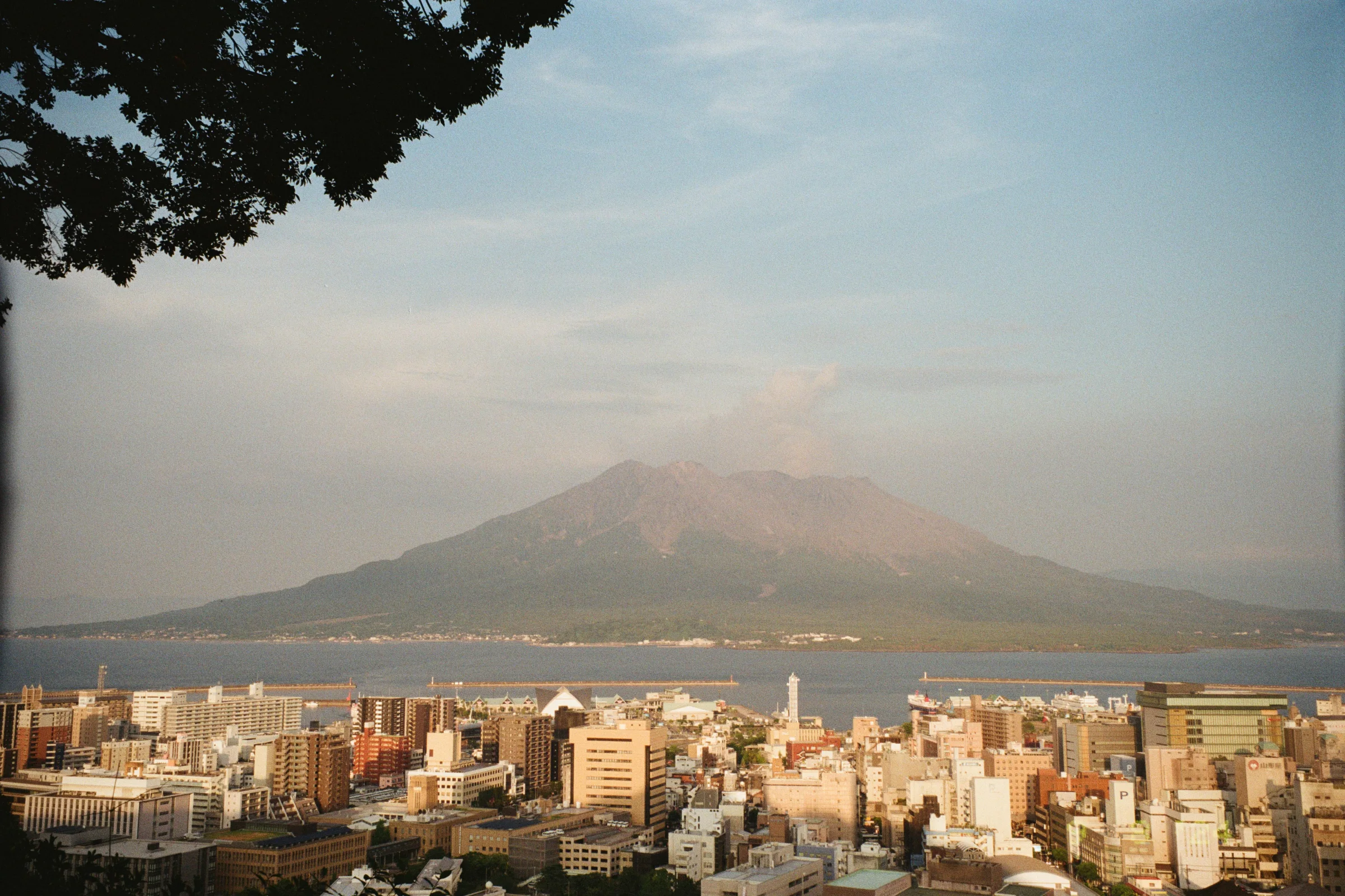 Kagoshima city skyline with Sakurajima volcano in the background, Japan