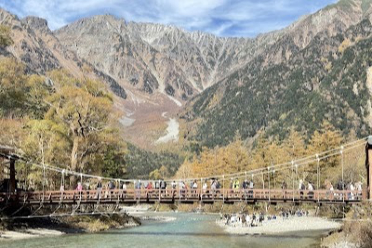 Kappabashi Bridge wooden suspension span over the Azusa River with Hotaka mountains behind