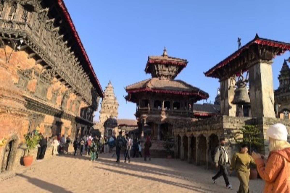 Nyatapola Temple's five brick tiers rising above Bhaktapur's old lanes