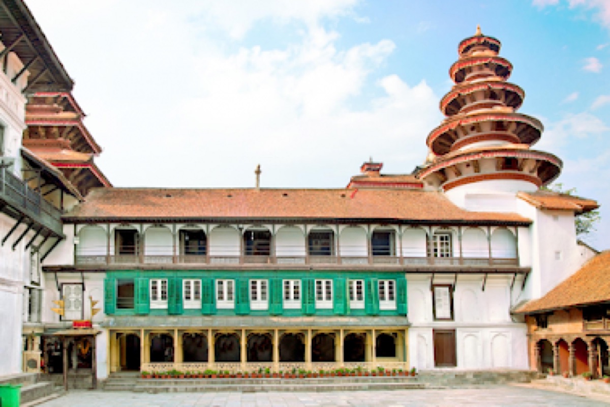 Pagoda temples and palace courtyards at Kathmandu Durbar Square in morning light