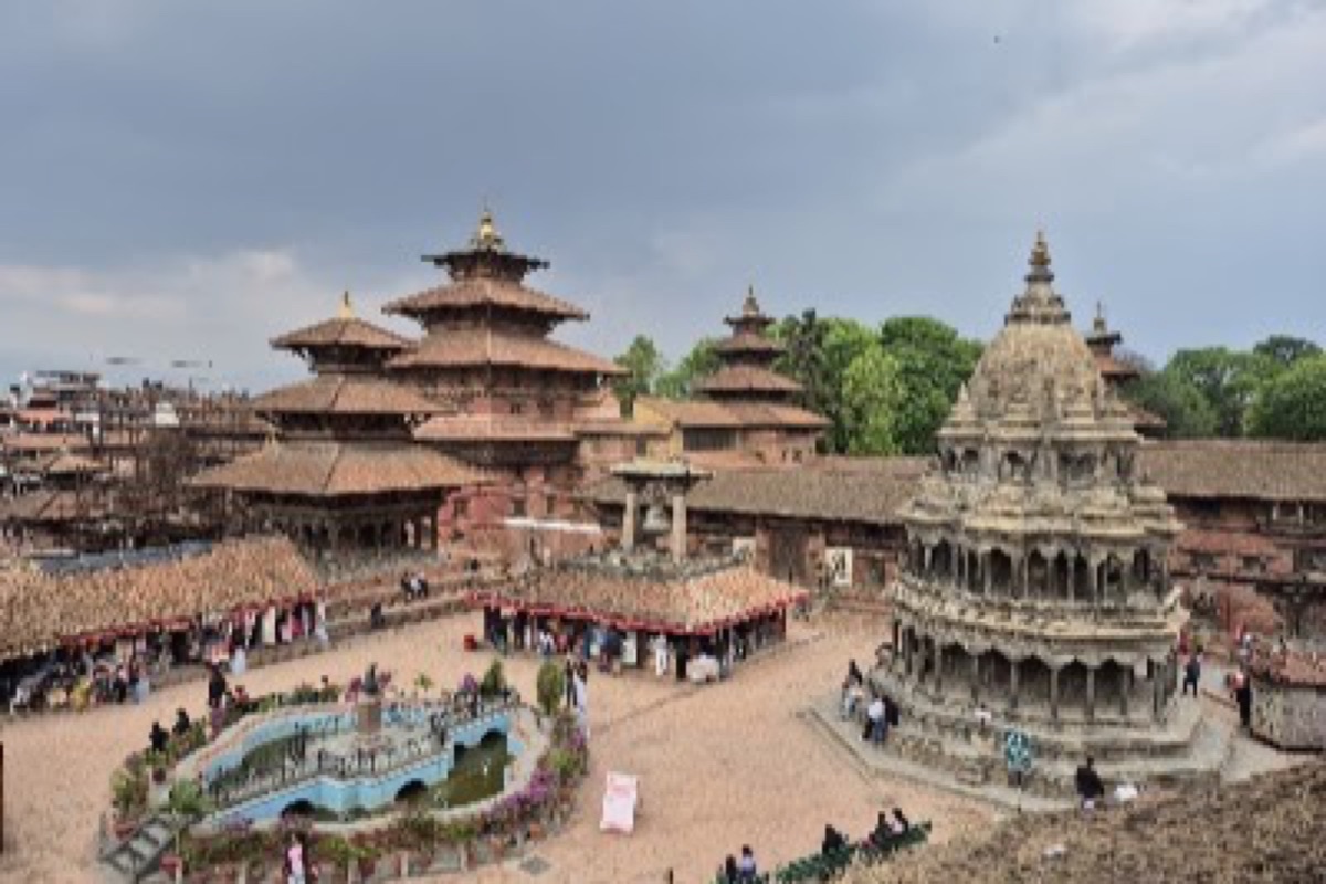 Newari carved wooden windows and temples at Patan Durbar Square in Lalitpur
