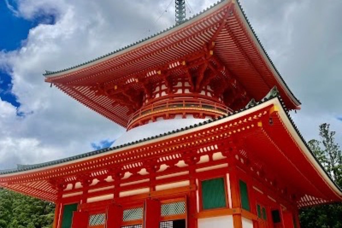 Konpon Daito vermillion pagoda towering over the Danjo Garan precinct in Koyasan