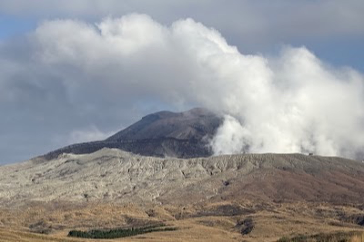 Mount Aso volcanic caldera and grasslands