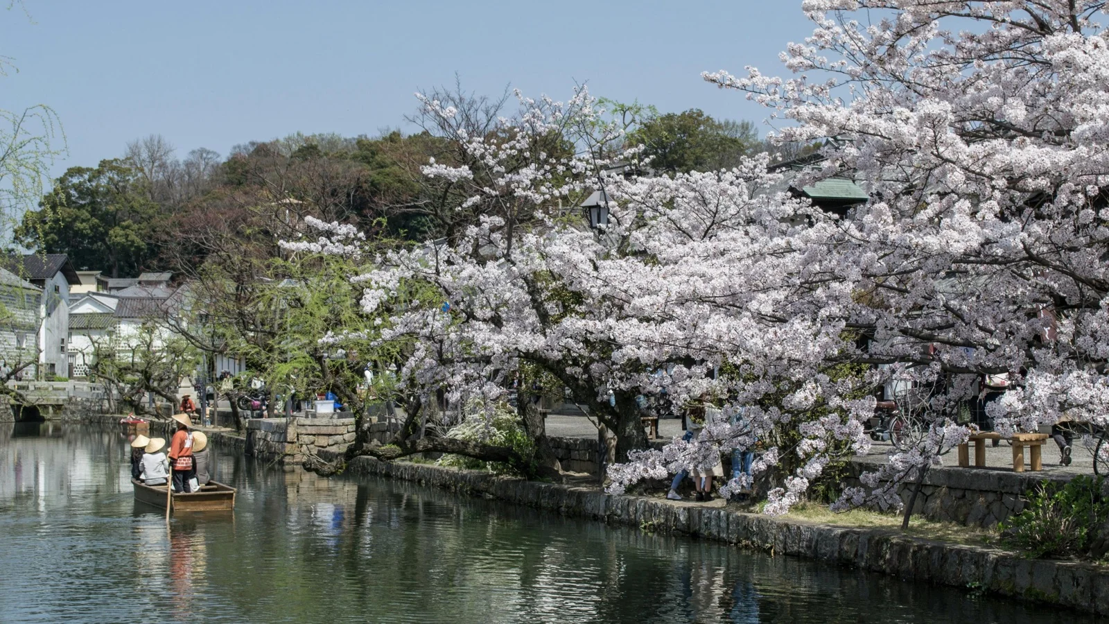 Willow-lined canal in Kurashiki Bikan Historical Quarter with white-walled storehouses and stone bridges at morning light