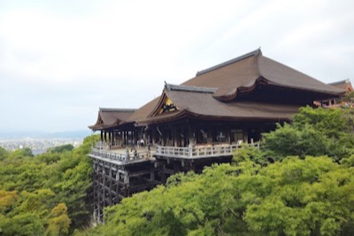 Kiyomizu-dera wooden terrace overlooking Kyoto in spring