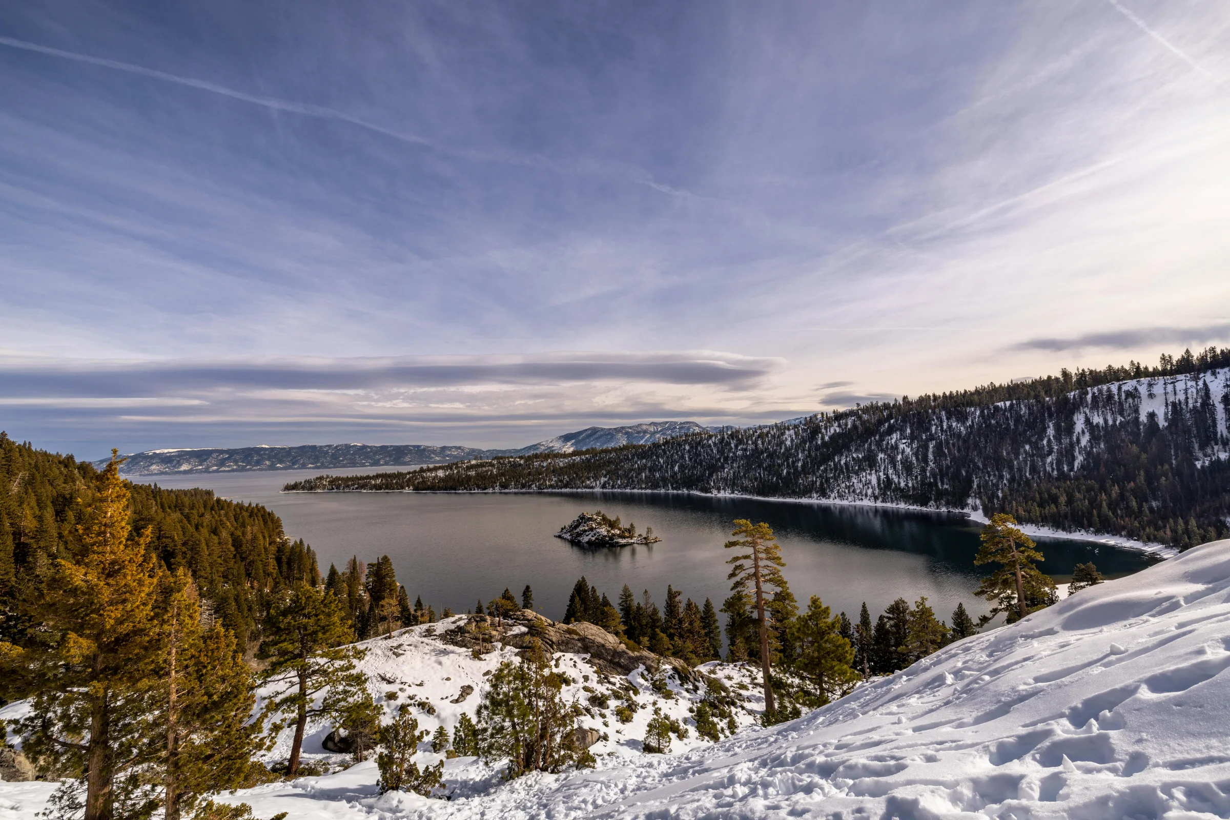 Scenic hero view of Lake Tahoe with Emerald Bay overlook and clear blue water