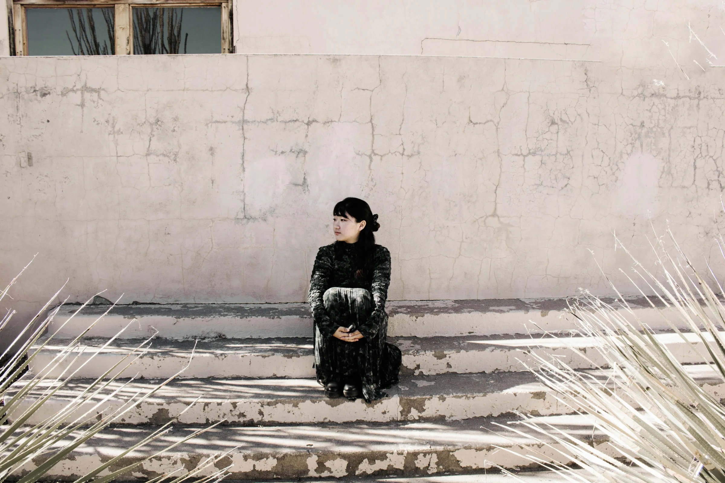 Golden hour street scene in Marfa, Texas with desert town atmosphere