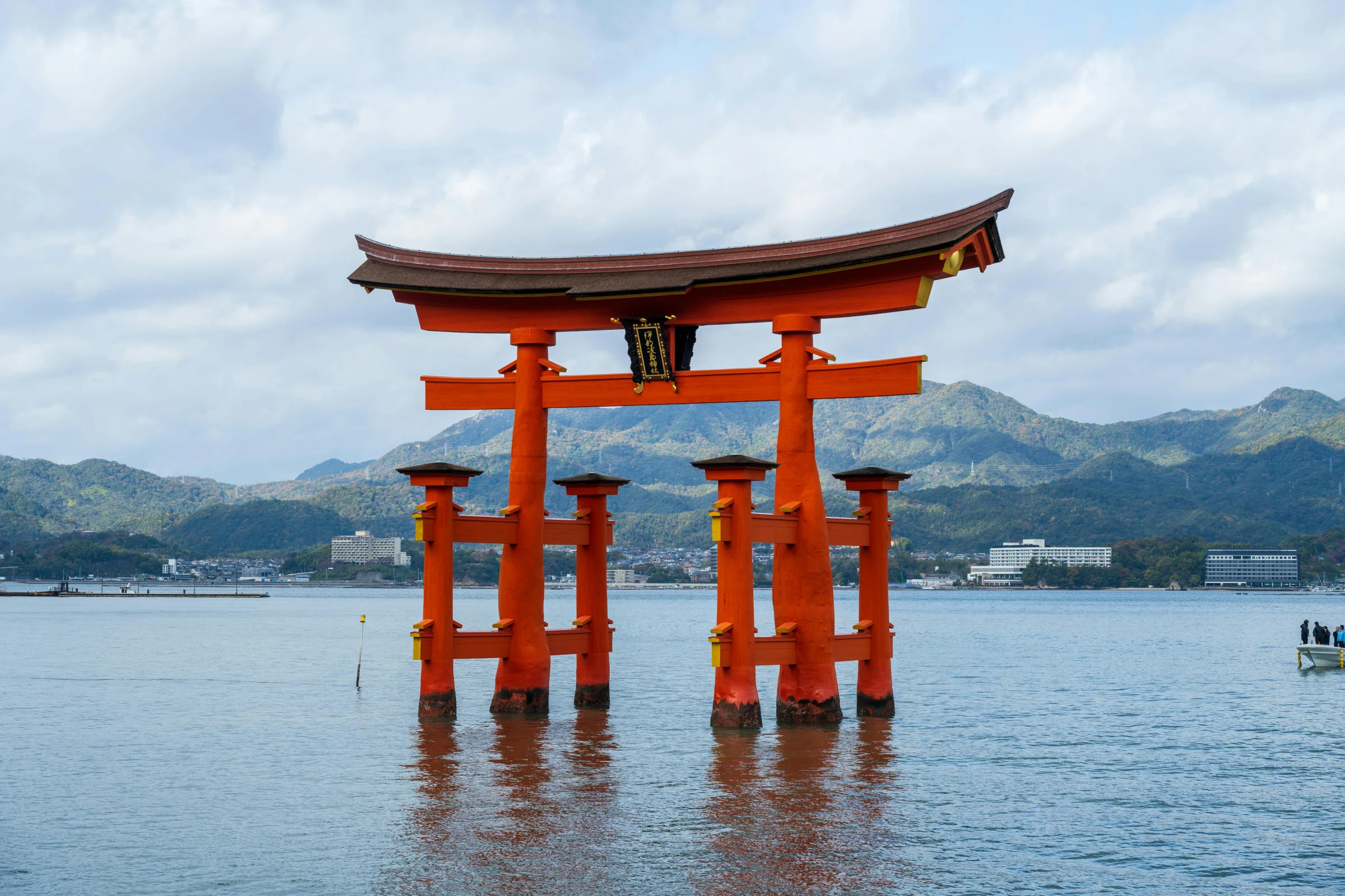 Sunset view of Miyajima’s floating torii gate at Itsukushima Shrine, Japan