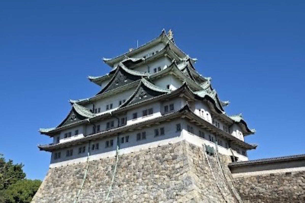 Nagoya Castle main keep with golden shachihoko rooftop ornaments and stone walls