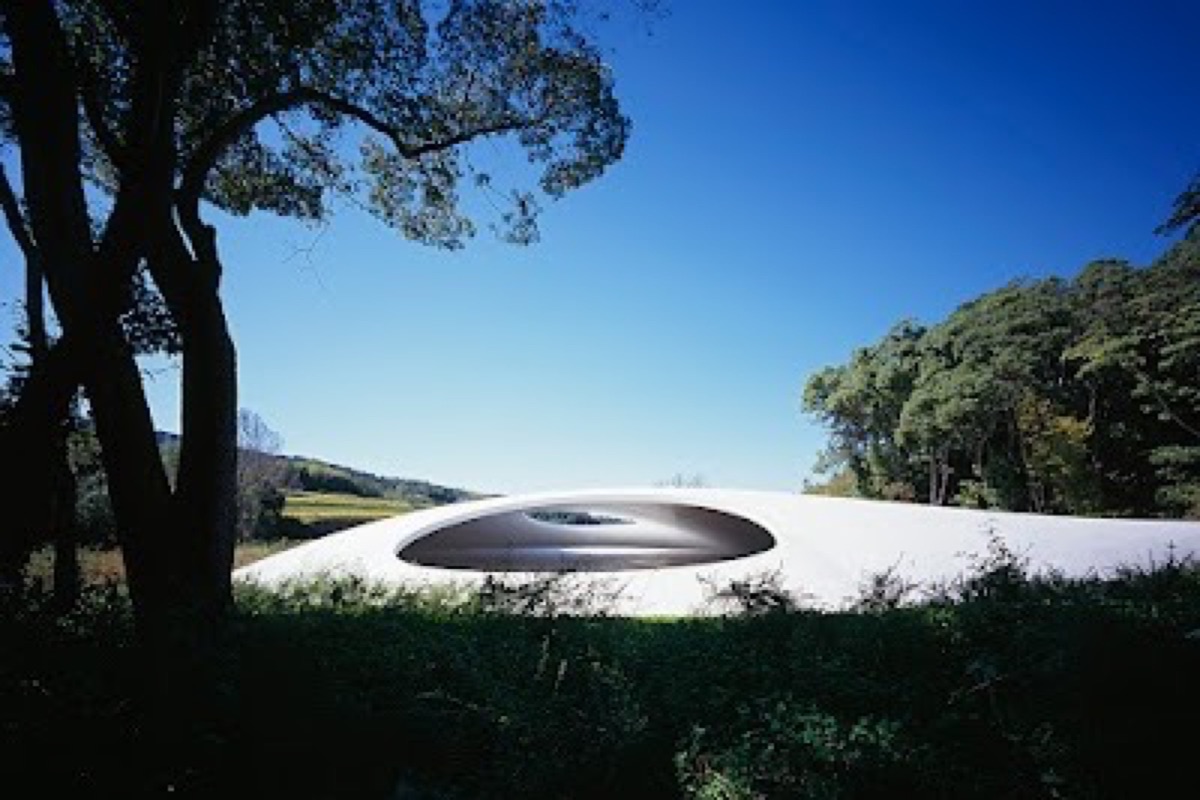 Teshima Art Museum concrete shell interior with water droplets emerging from the floor