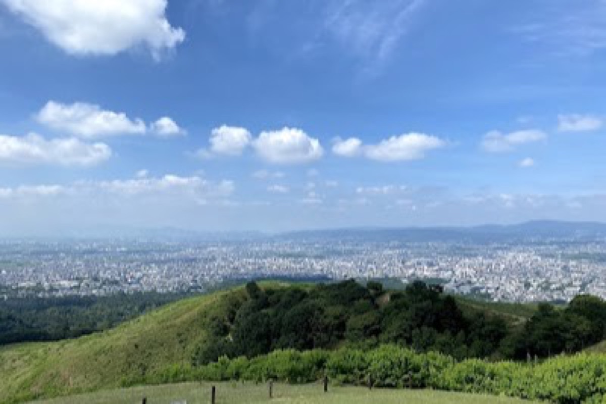 Panoramic sunset view over Nara city and temples from the summit of Mt Wakakusa