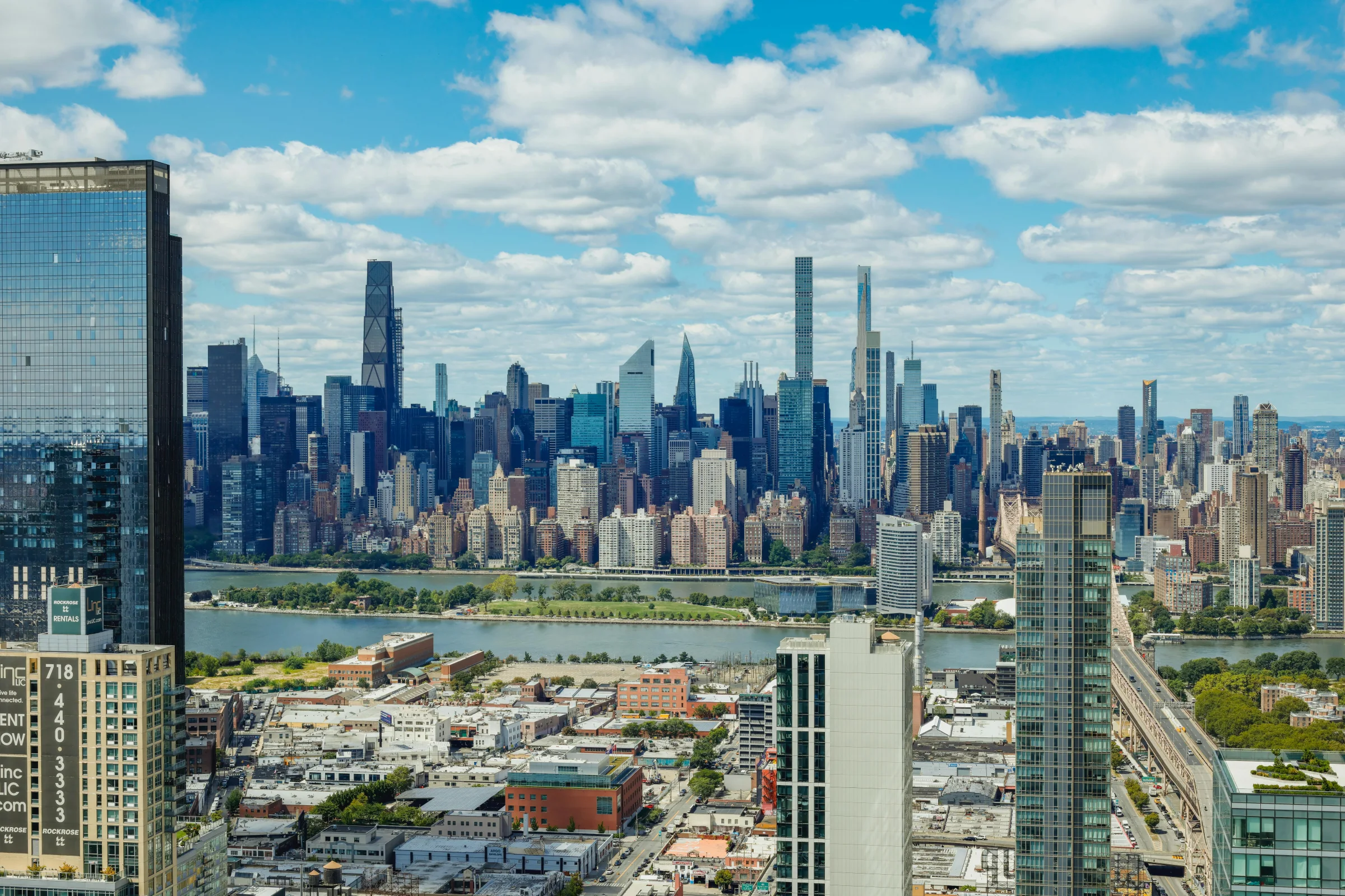 Manhattan skyline and New York City skyscrapers at sunset