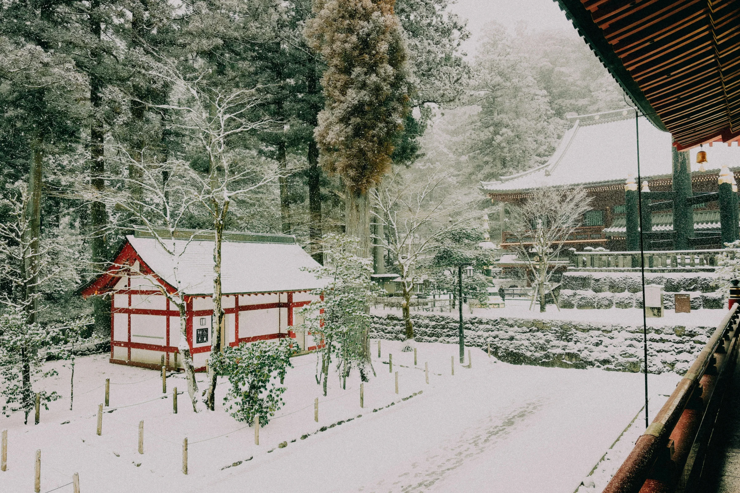 Iconic view of Nikko Toshogu Shrine area with temple architecture and a nearby street scene in Nikko, Japan