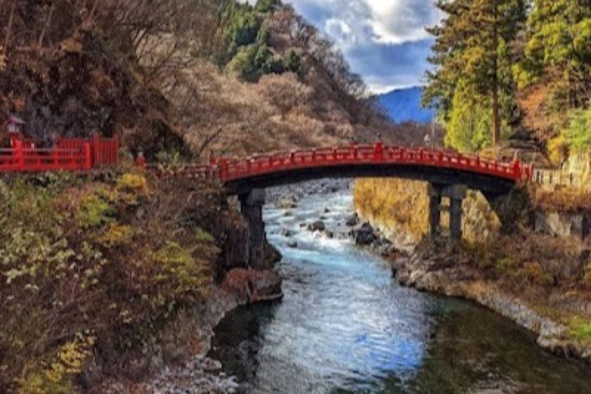Shinkyo Bridge reflected in the Daiya River with autumn foliage in Nikko