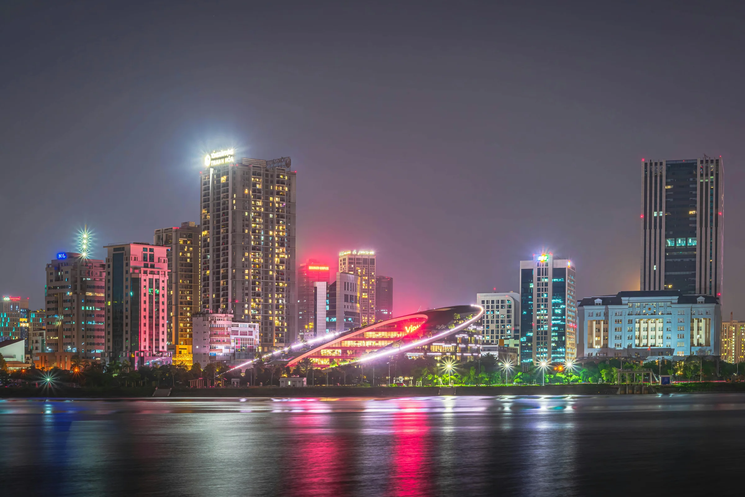 Sunset city skyline view of Ningbo, Zhejiang, China