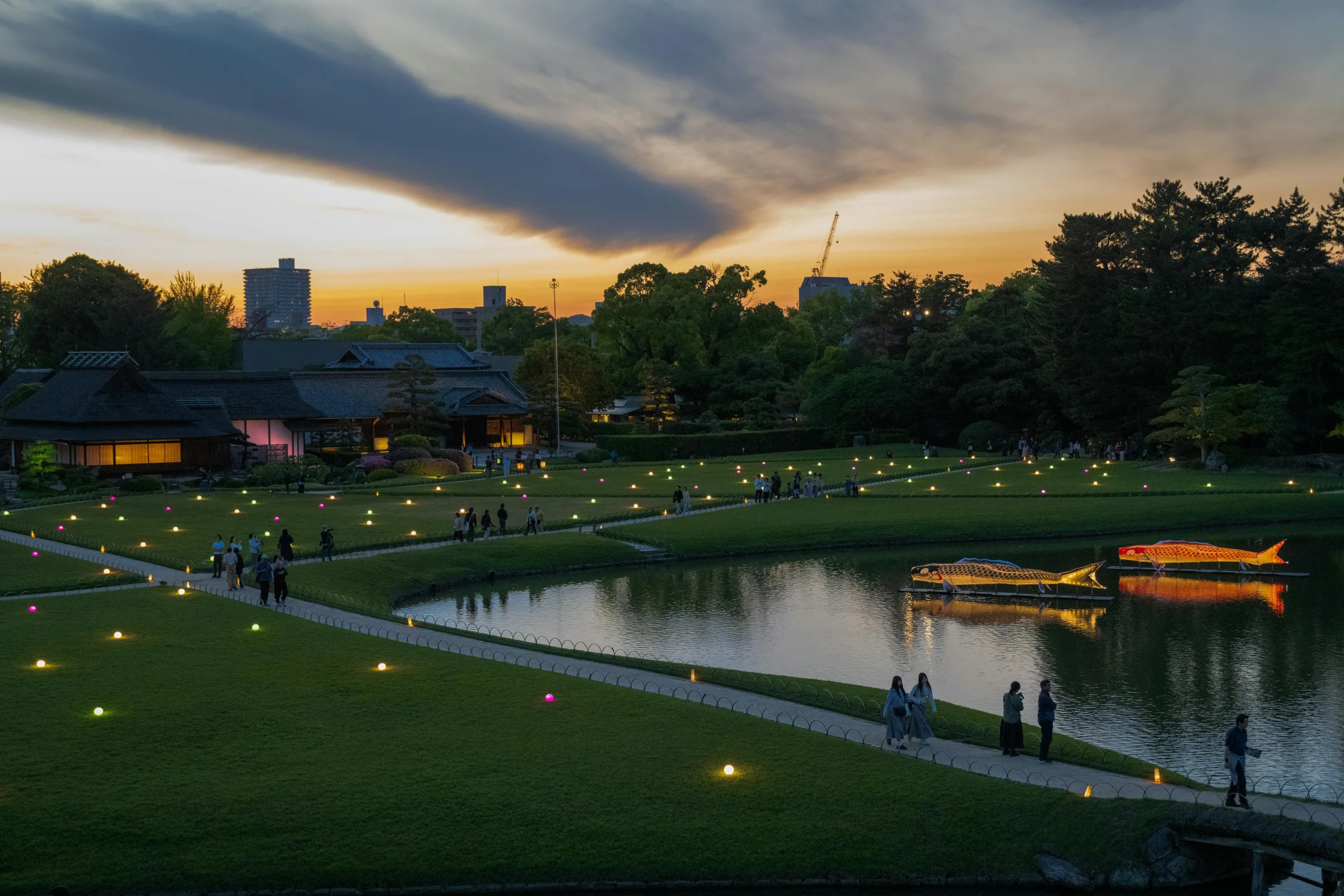 Sunset cityscape view of Okayama Castle in Okayama, Japan