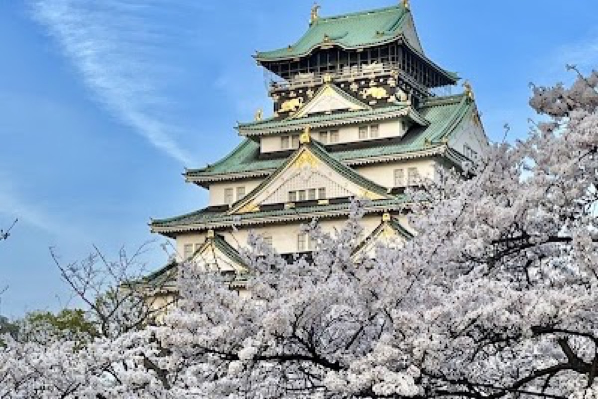 Osaka Castle Park with spring greenery and castle tower