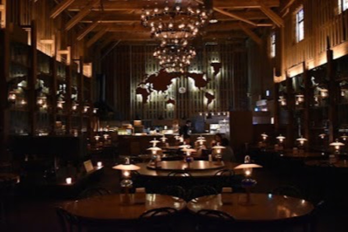 Kitaichi Glass No. 3 Building interior with Venetian chandeliers lit by oil lamps