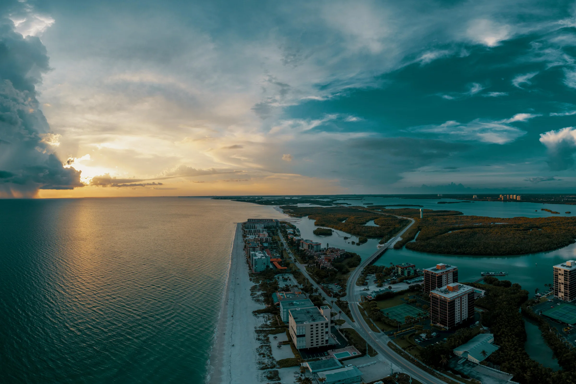 Golden hour view of Boca Raton's beachfront cityscape in Florida