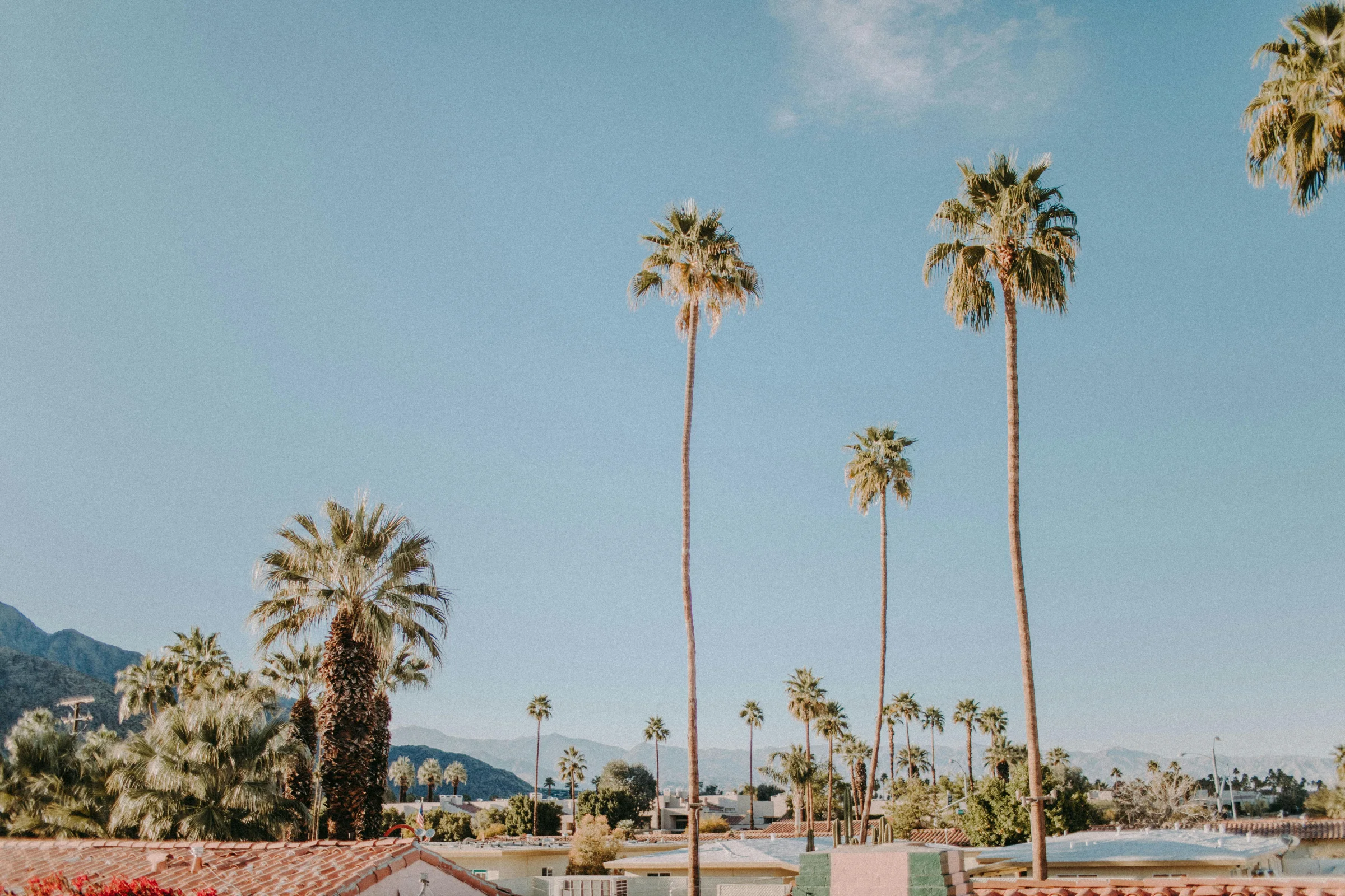 Sunset view of Palm Springs, California with desert mountains and mid-century modern buildings.