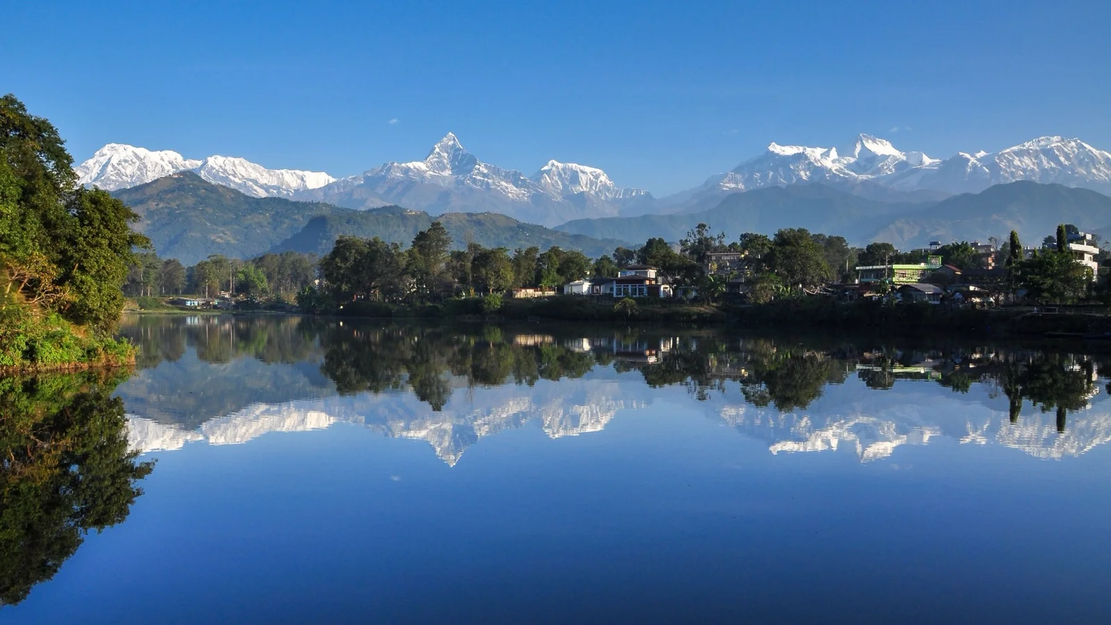 Colorful doonga rowboats on Phewa Lake at dawn with the Annapurna range above Pokhara