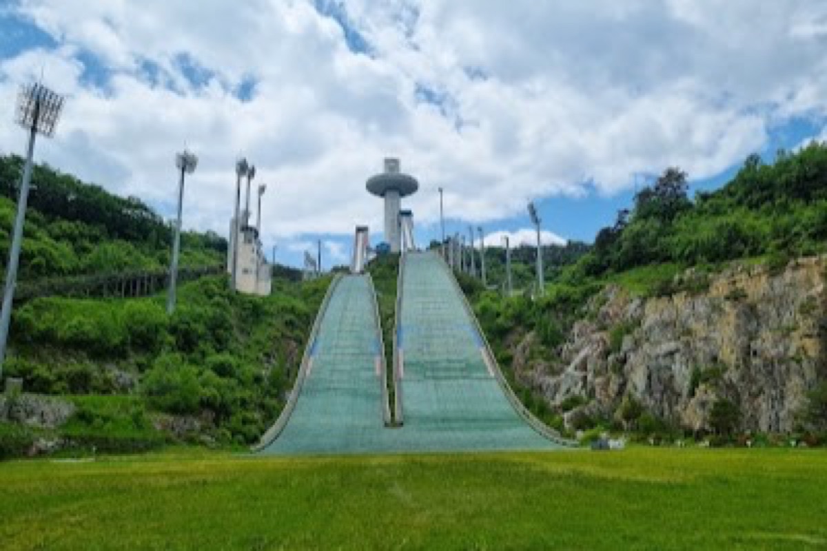 Alpensia Ski Jump Tower Observatory with panoramic mountain views over the Pyeongchang valley in winter