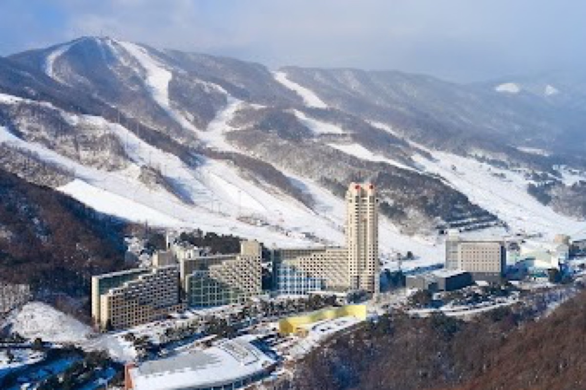 Phoenix Snow Park ski slopes with snowboarders on Olympic freestyle courses in Pyeongchang